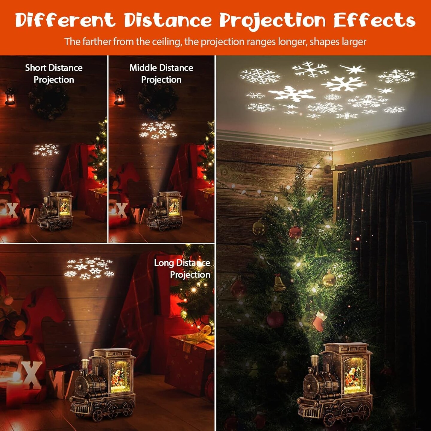 Christmas Snow Globes, Vintage Musical Christmas Snow Globe Lantern with Snowflake Projection, Lighted Christmas Train Snow Globe with Santa Water Swirling Glitter and 6H Timer, Xmas Gift