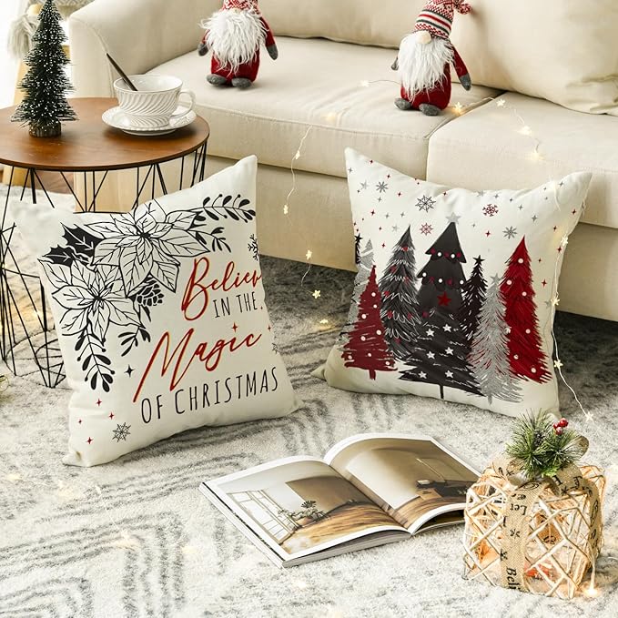 Believe in The Magic Christmas Trees Poinsettia Snowflake Eucalyptus Throw Pillow Covers, 18 x 18 Inch Xmas Winter Holiday Cushion Case Decoration for Sofa Couch Set of 4