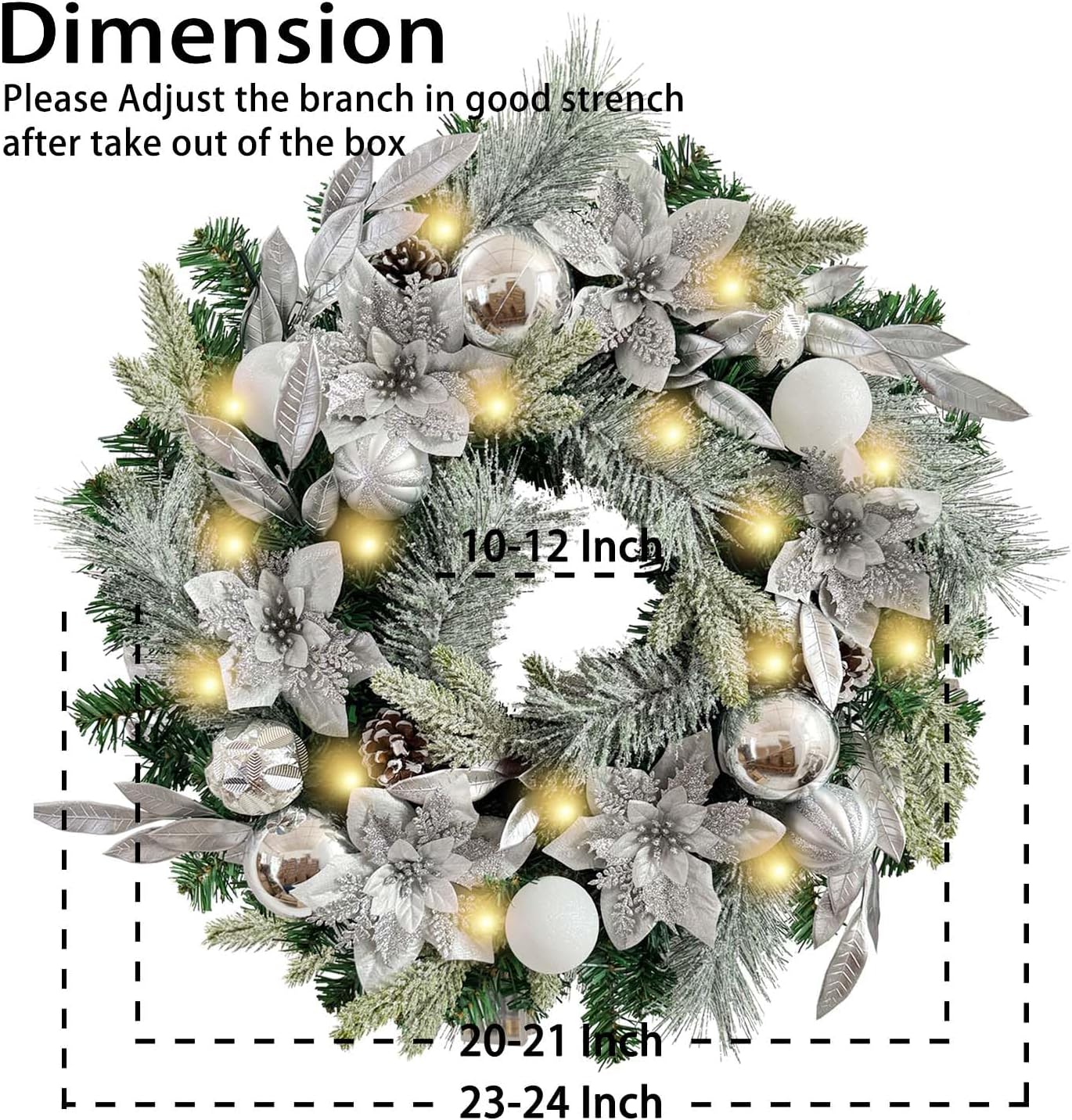 Pre-Lit 24 Inch Lighted Christmas Wreath for Front Door Decor with Silver White Christmas Ball Ornaments and Poinsettia Flowers,Battery Operated 30 LED Lights