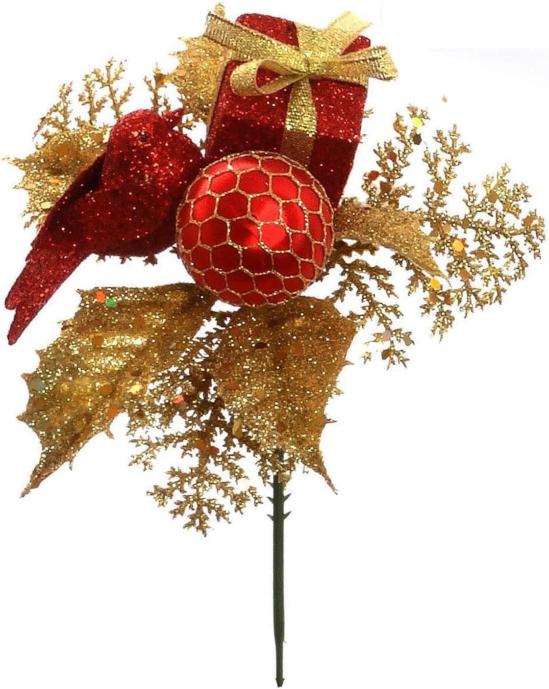 12-Pieces Artificial Gold Flower Leaf Christmas Tree Picks Decoration - 12 Picks with Red Gift Box, Bird, and Christmas Ball Ornament Decor
