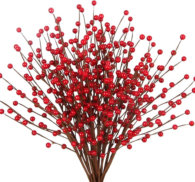 16.5 Inch Holly Berry Pick Decorative Wire Branch Sprays for Christmas Tree Decorations DIY Crafts Flower Arrangements Wedding Holiday Home Decor (Red)