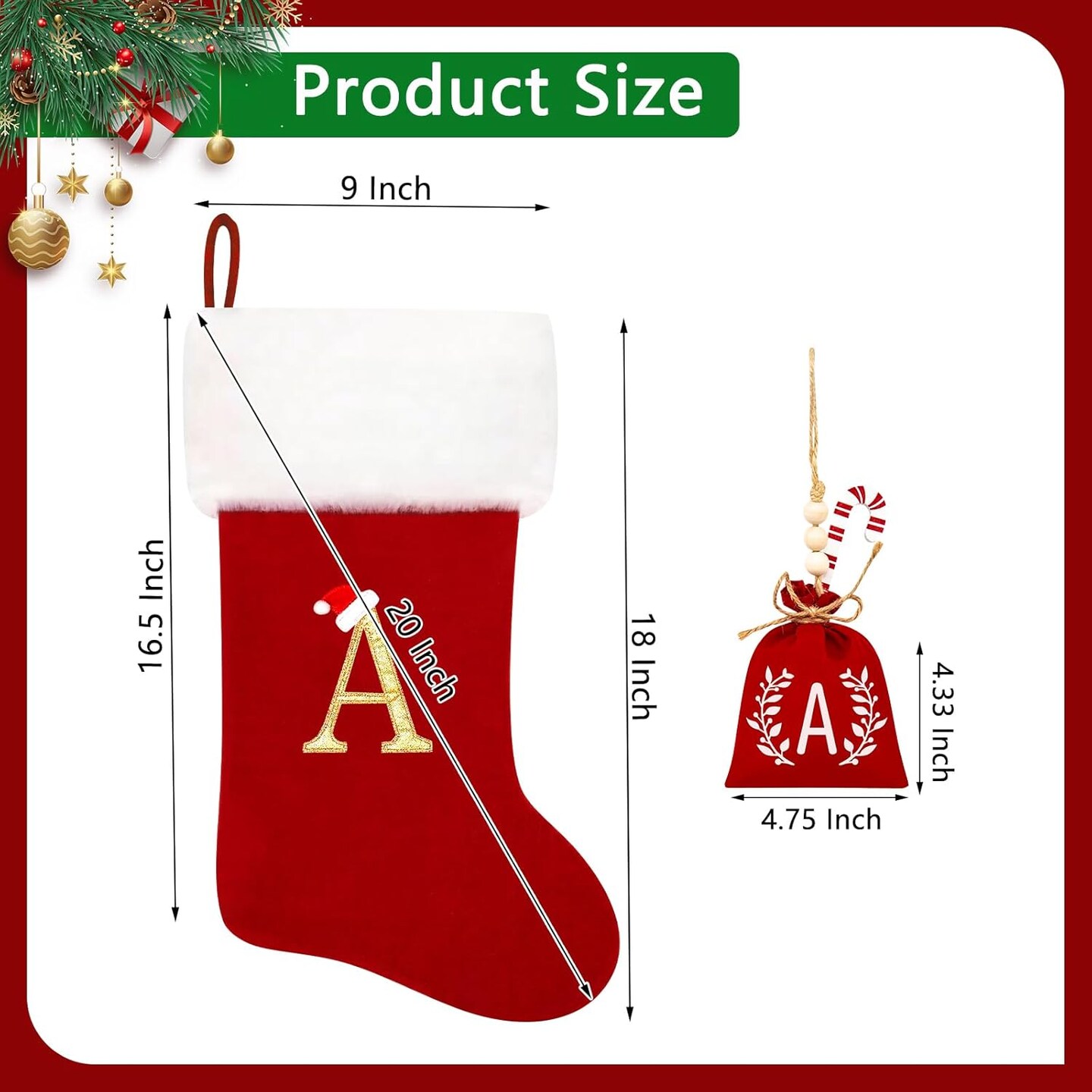 20 Inches Red Velvet with White Super Soft Plush Cuff Monogram Christmas Stockings, Xmas Personalized Embroidered Letter Stockings for Family Holiday Decorations and Xmas Tree Fireplace(S)