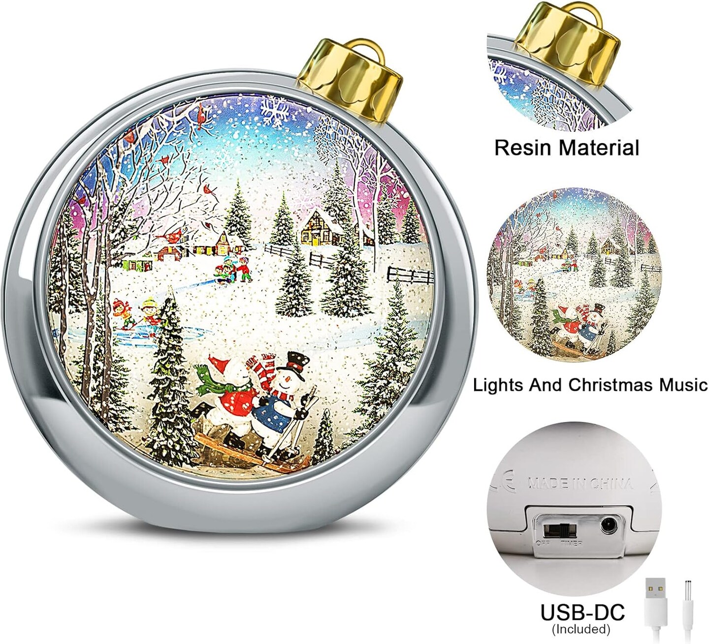 Big Christmas Snow Globes Lighted,6H Timer Snow Globes Bling Snow Globes Christmas Music Box 8 Songs, Silver Round Lantern with Xmas Tree