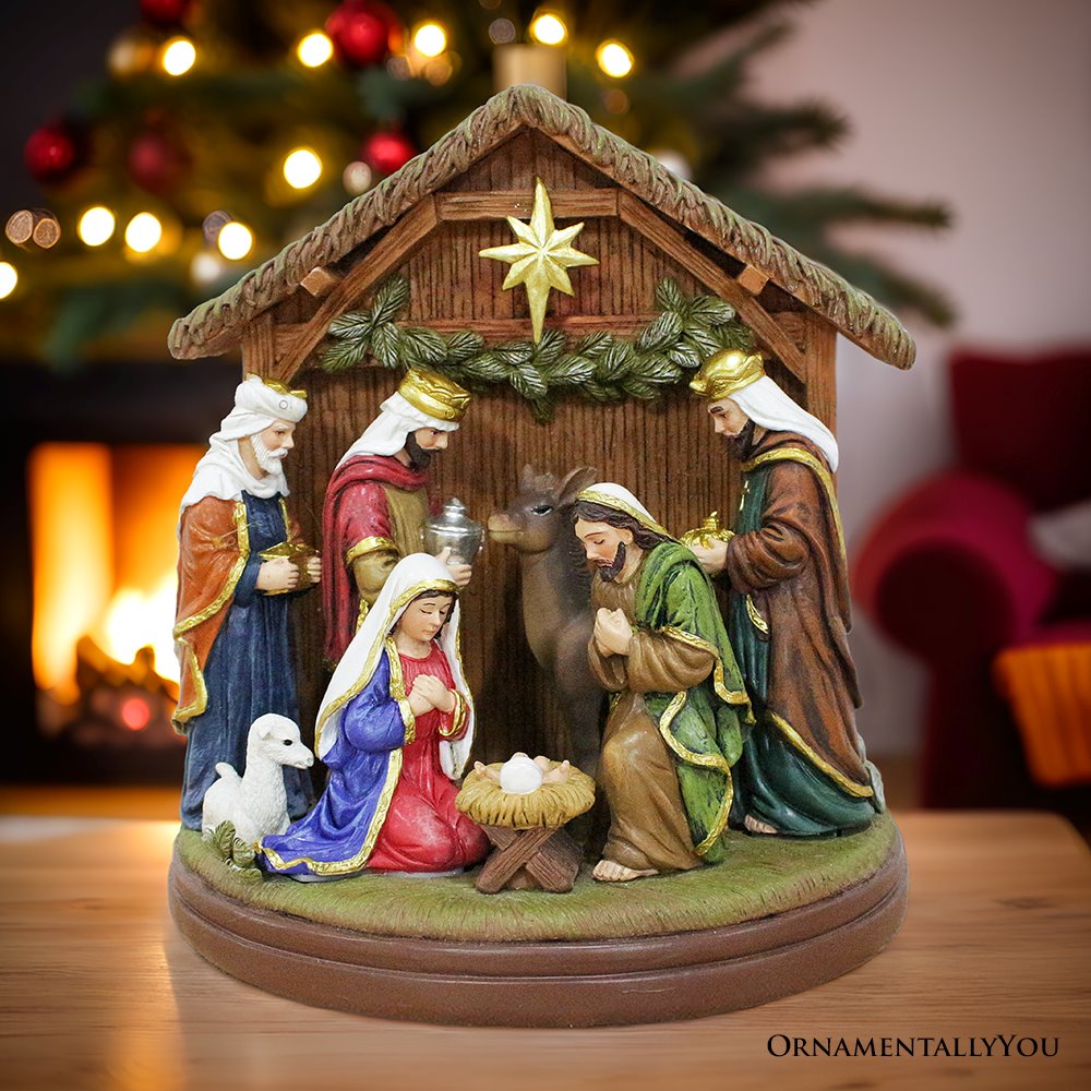 Radiant Nativity Scene Handcrafted Statue Figurine, 7&#x22; Birth of Jesus Christian Home Decoration
