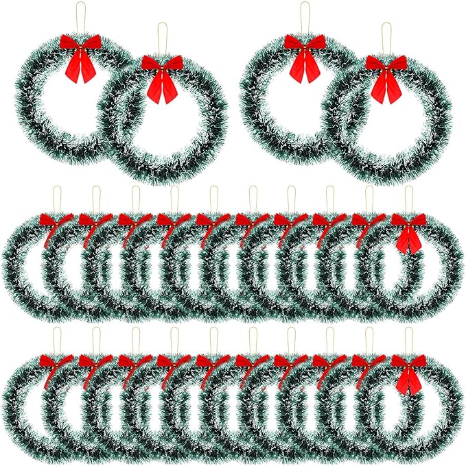 24 Pcs 12 Inch Christmas Wreath with Red Bow Bulk Artificial Christmas Garland Creative Winter Decoration Christmas Tree Hanging Ornaments for Window Front Door Kitchen Shop Indoor Outdoor