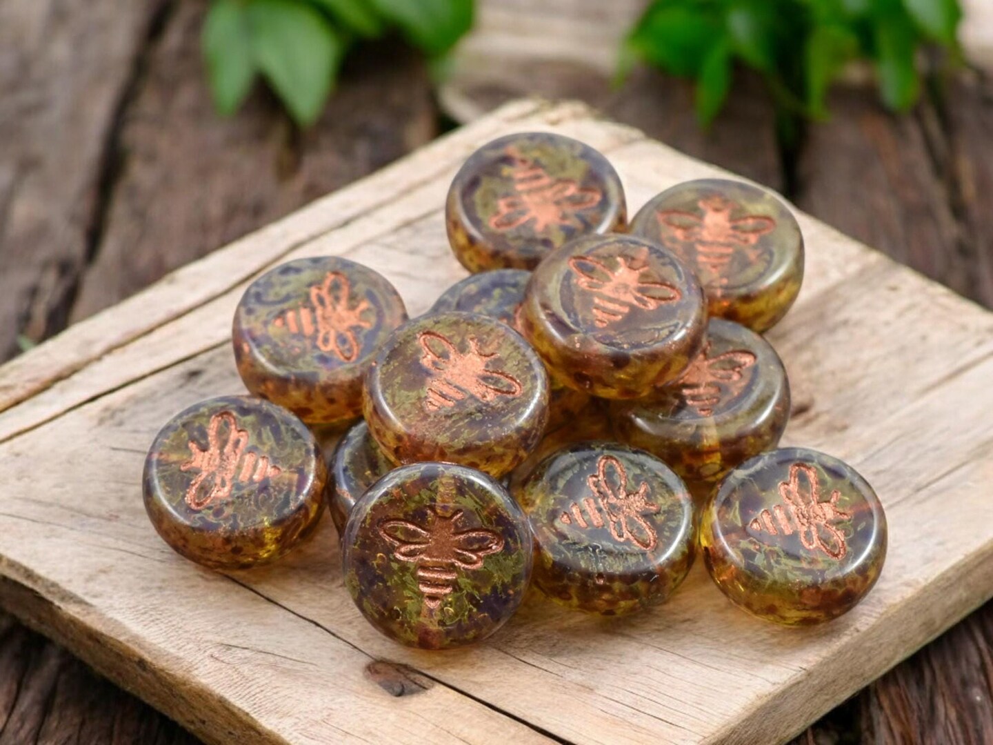 *12* 12mm Copper Washed Amber Bee Coin Beads