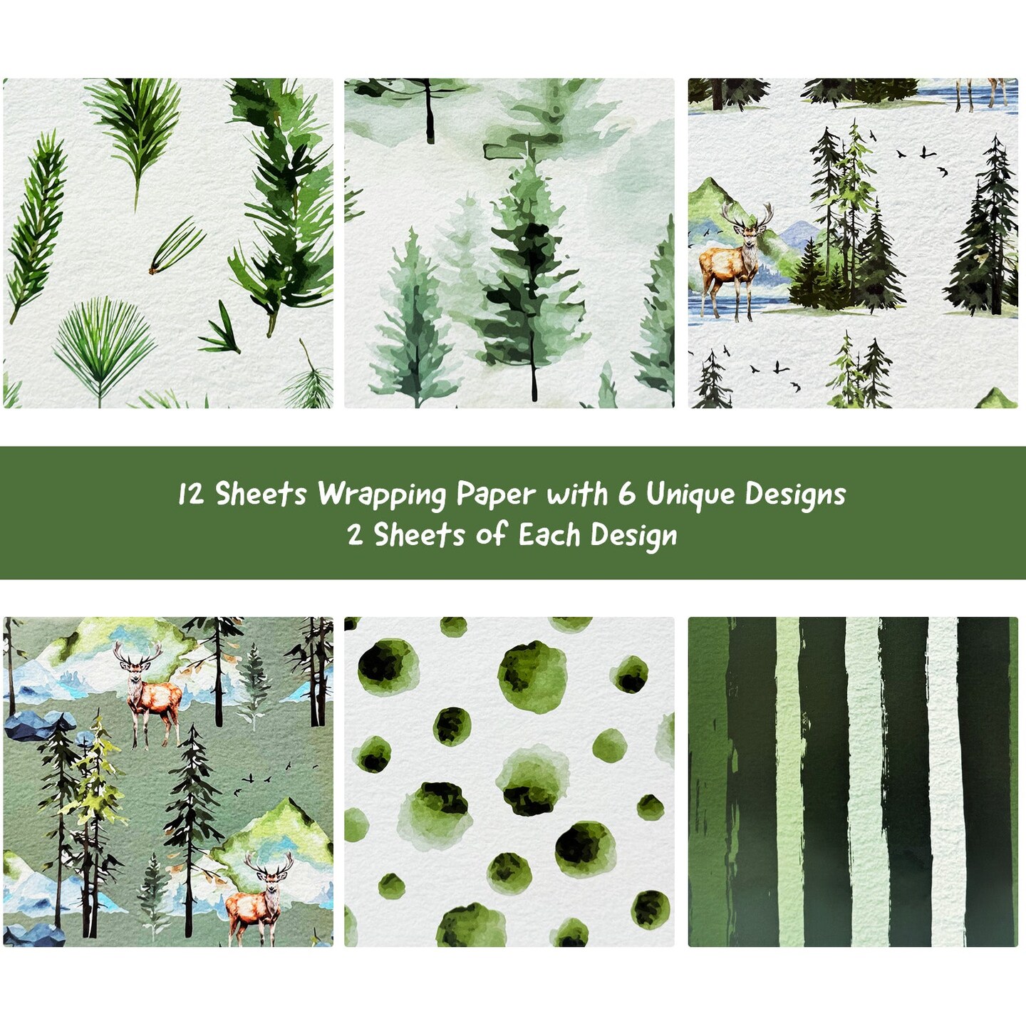 Wrapables Christmas Holiday Gift Wrap Paper Sheets Folded Flat 20L x 27W inches (12 Sheets), Green Nature