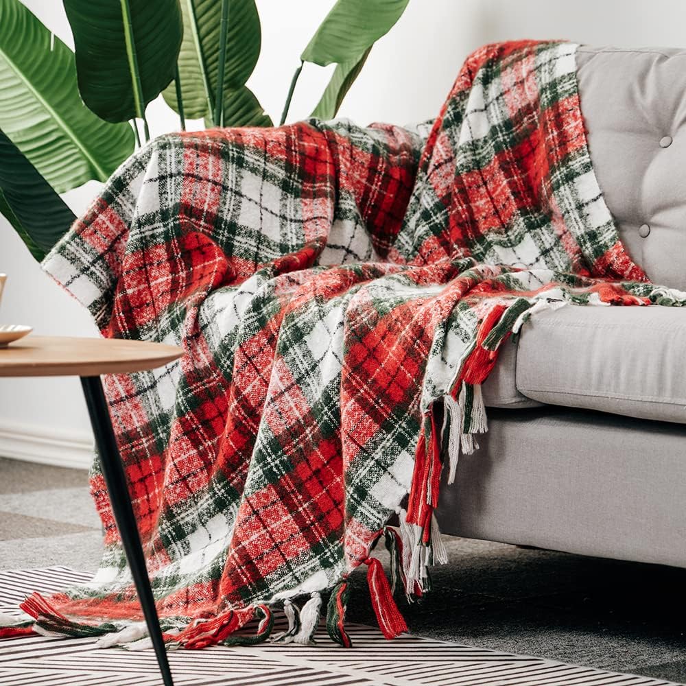 Christmas Plaid Throw Blanket Green Red Super Soft Faux Cashmere with Tassels for Couch Sofa Halloween Home Decor 50in x 60in (Xmas)