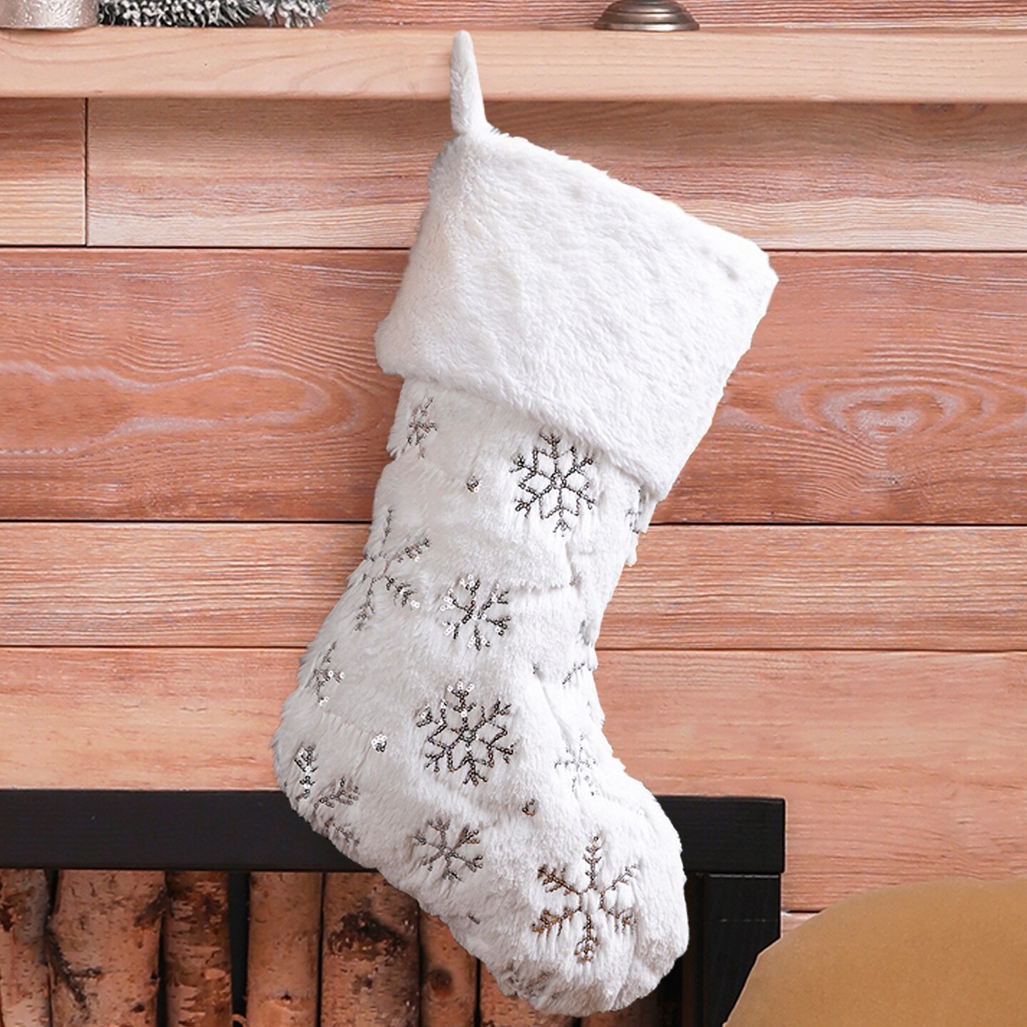 White Plush with Snowflake Christmas Stockings &#x26; a tree skirt
