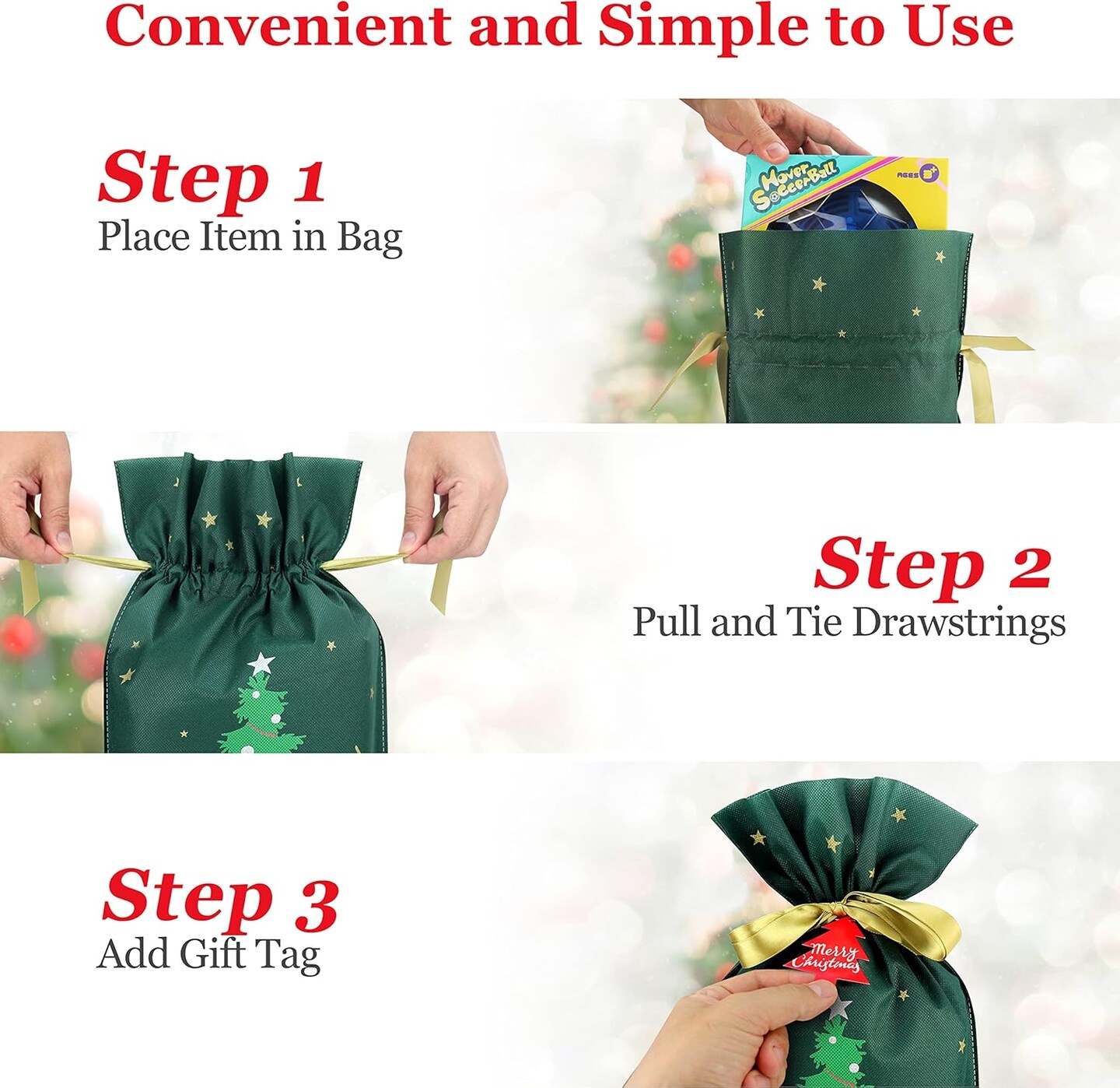 Fabric Gift Bags for Christmas Presents - 6 Pcs Christmas Bags with Drawstring, Large Christmas Gift Bags for Presents, Christmas Gift Wrap Reusable Christmas Bags for Gifts (Green Christmas Tree)