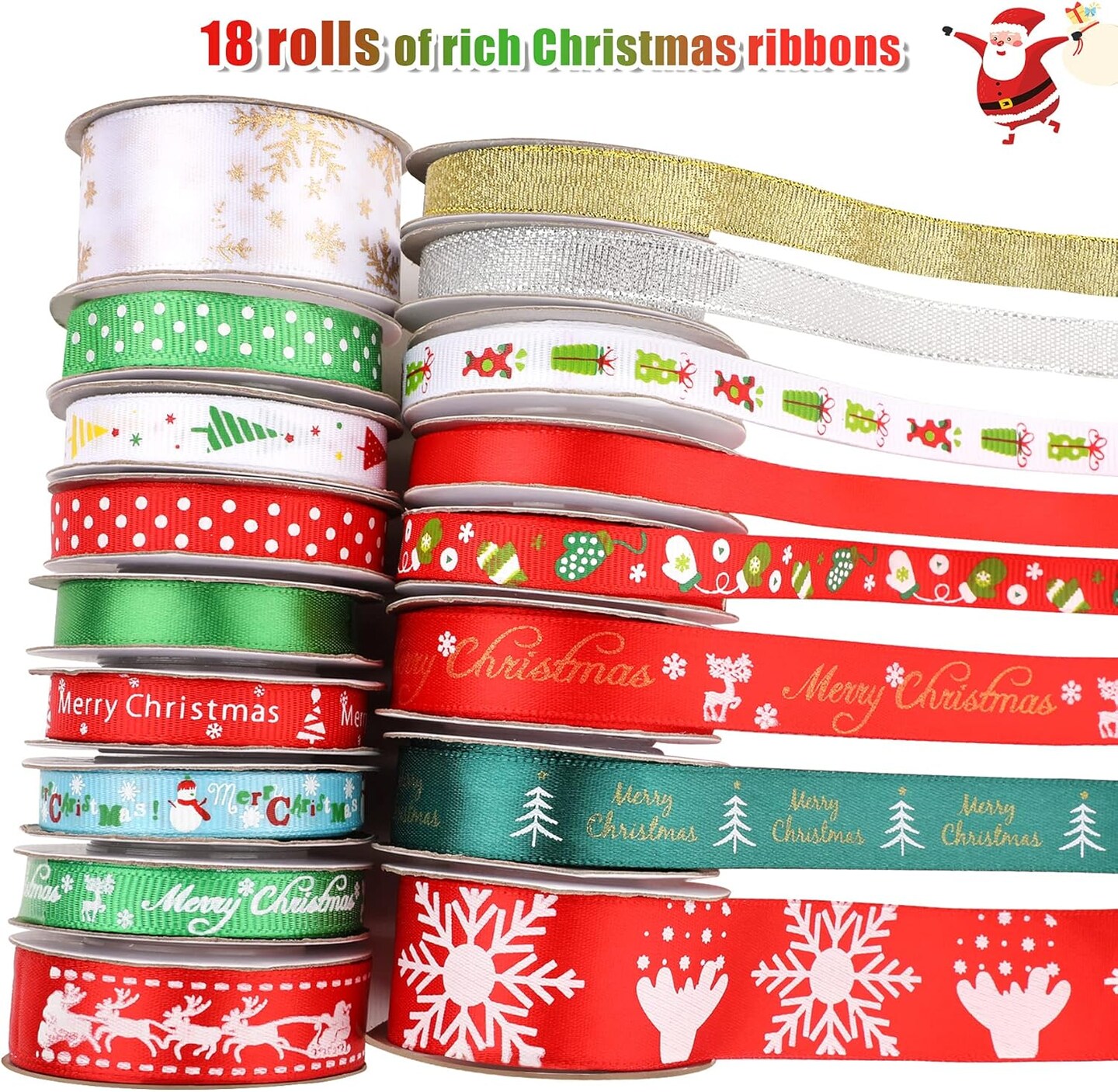 18 Rolls 90 Yards Christmas Ribbons Holiday Printed Grosgrain Satin Ribbon Metallic Glitter Craft Fabric for Xmas Gift Wrapping Decoration, 3 Sizes