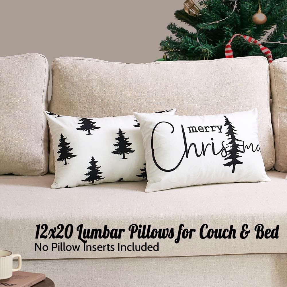 Black and White Christmas Tree Lumbar Pillow Covers 12x20 Set of 2, 12 x 20 Black Neutral Christmas Decor Lumbar Pillow Covers, Xmas Winter Holiday Throw Pillows for Sofa Couch Bed