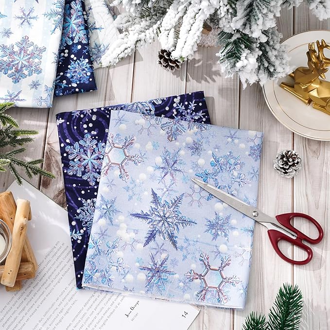 12Pcs Winter Cotton Fabric Bundles Blue Purple Snowflake Fat Quarter Xmas Winter Quilting Patchwork for DIY Handmade Sewing Crafting, 18 x 22 Inch