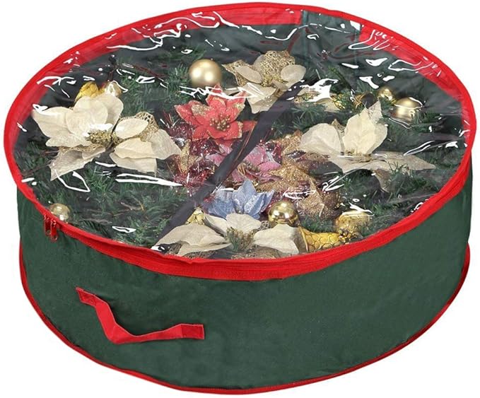 Christmas Wreath Storage Bag 24&#x22; | Garland Wreaths Container with Clear Window for Easy Holiday Storage | Durable 600D Oxford Material (Green)