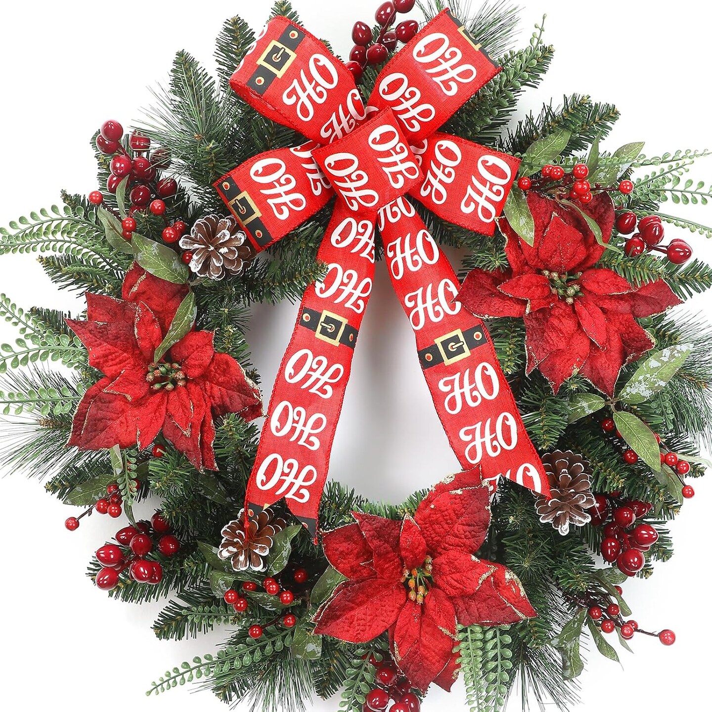 Christmas Wreath for Front Door 24 Inch Artificial Christmas Wreath with Pine Needles,Pinecones Red Berries Decorations Accents, for Decor Indoor/Outdoor Christmas Decoration