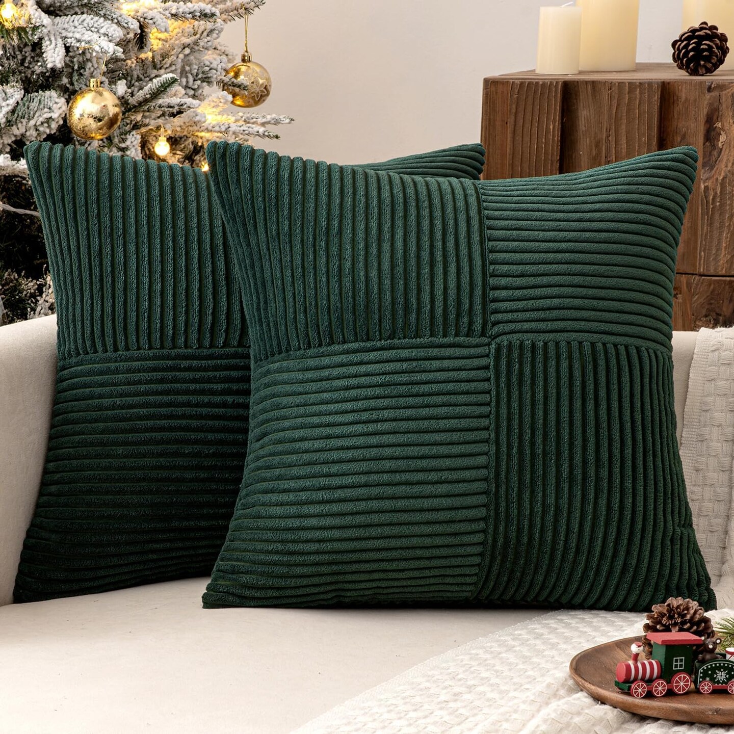Christmas Army Green Corduroy Pillow Covers Pack of 2 Boho Decorative Spliced Throw Pillow Covers Soft Solid Couch Pillowcases Cross Patchwork Cushion Covers for Living Room Bed Sofa 18x18 inch