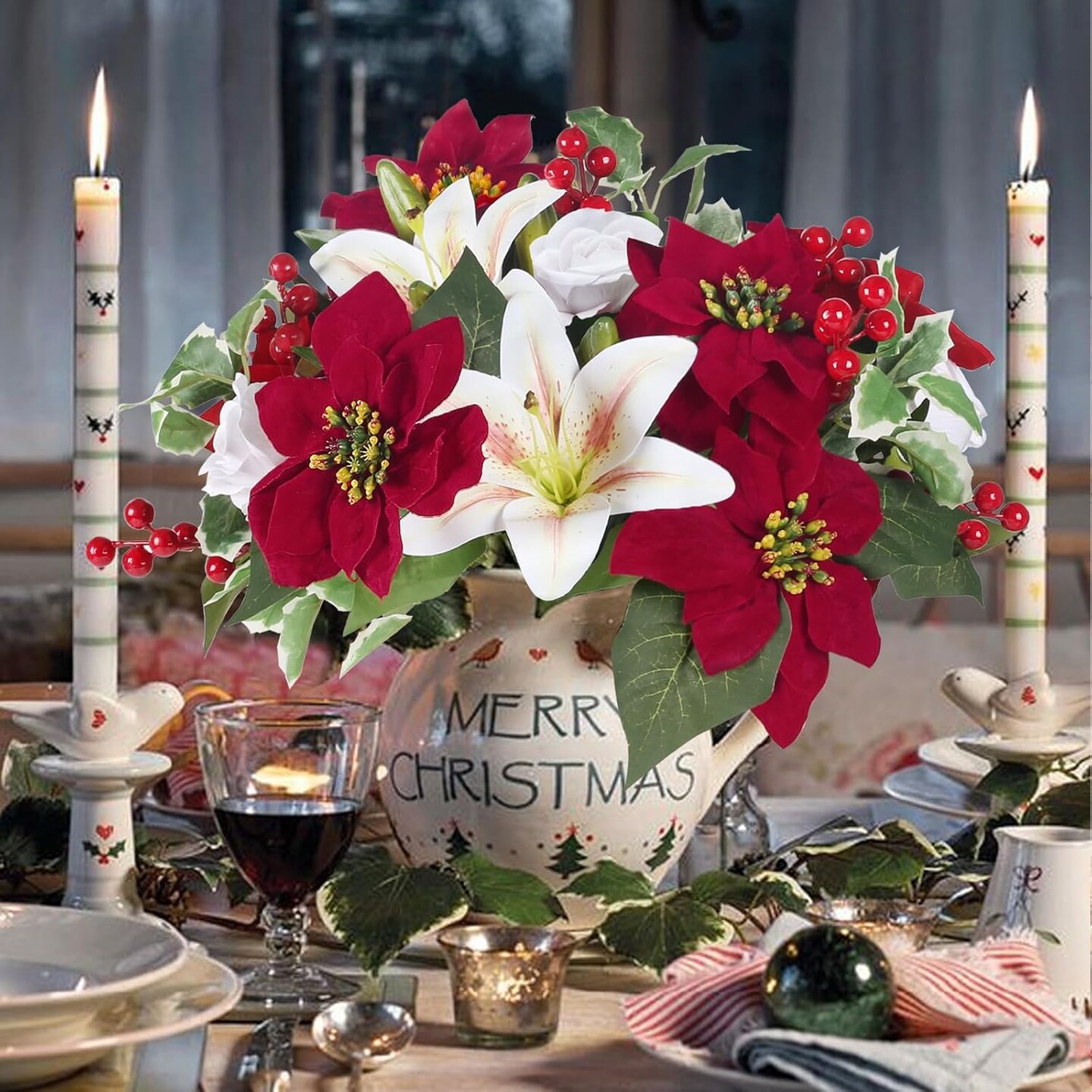 Flowers Head Christmas Flowers Silk Floral Arrangement Tiger Lily Rose with Red Berries for Porch Home Table Decor Indoor Outdoor Xmas Holiday Party