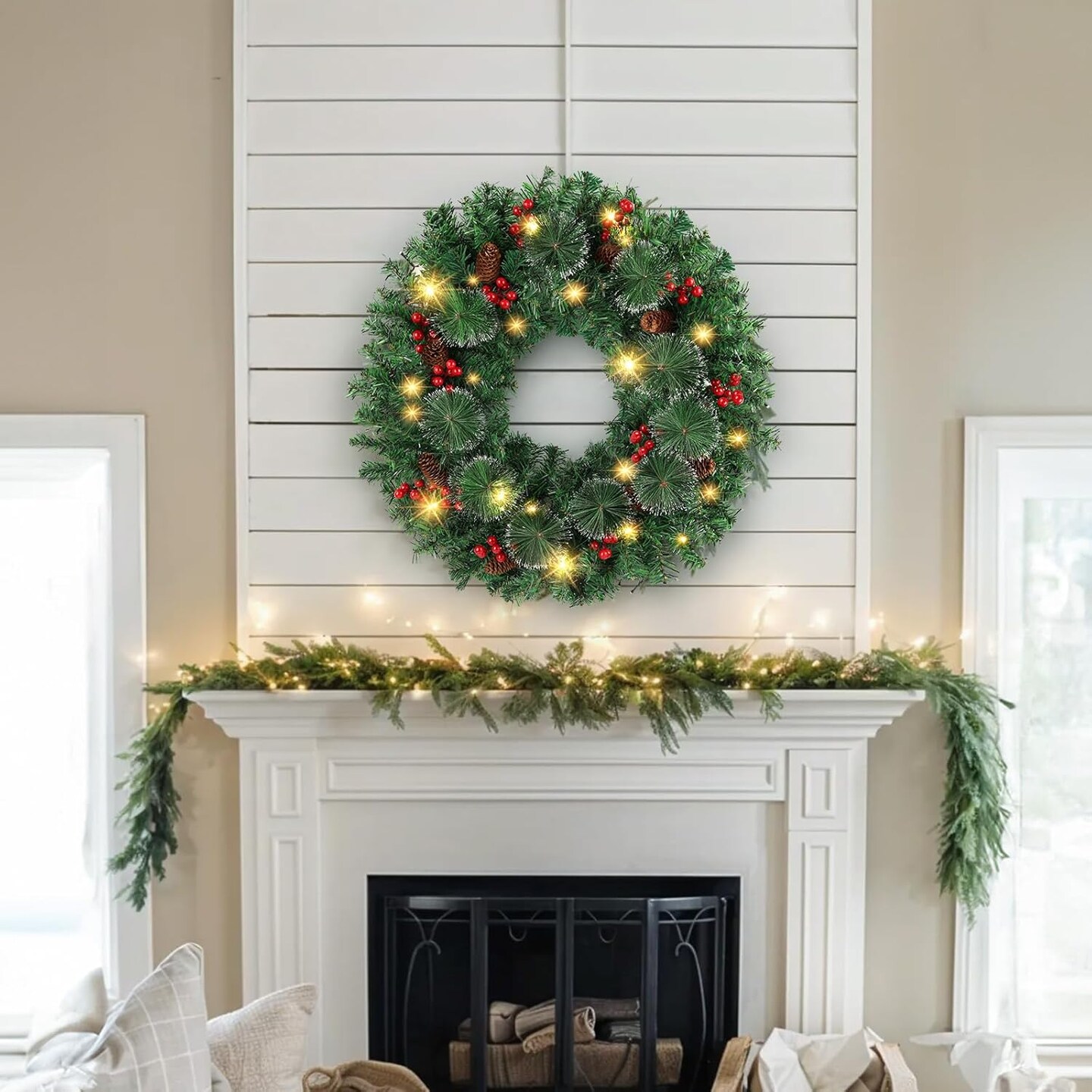 24 Inch Christmas Wreath with Lights for Front Door Large Pre-Lit Wreaths with Berries Pinecones Christmas Door Wreaths with 50 LED Lights 8 Modes Timer for Kitchen Wall Indoor Outdoor Xmas Decor