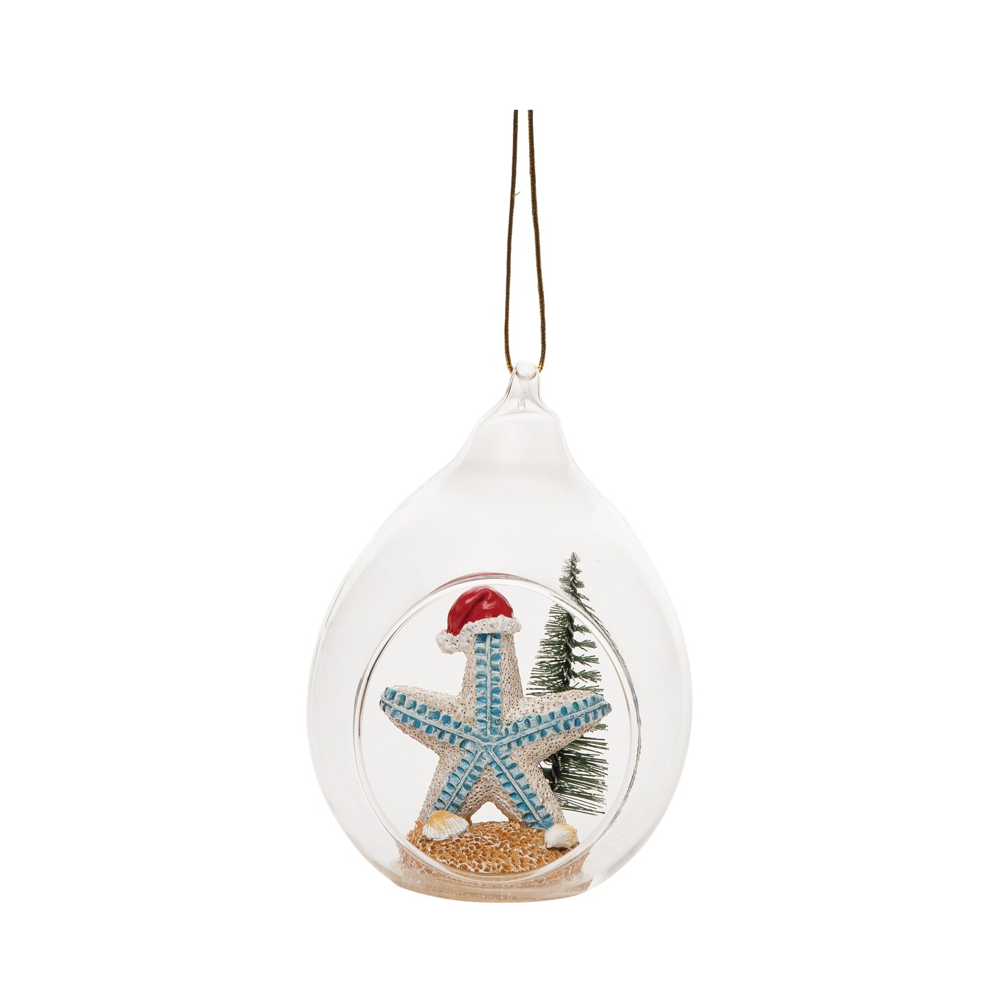 Starfish In Glass Globe W/Santa Hat Ornament