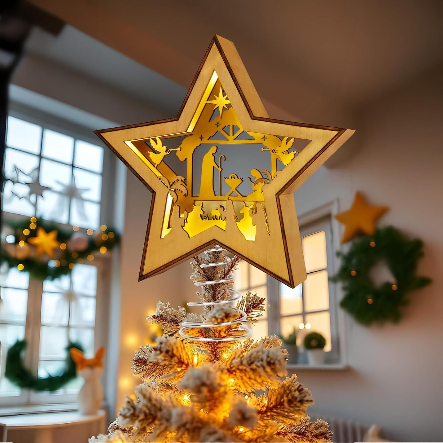 Christmas Tree Topper Star Lighted, Wooden Star Tree Toppers Christmas Decorations, Christmas Tree Star Topper with Lights, Rustic Tree Topper for Small Nativity Scene Indoor Christmas Decor
