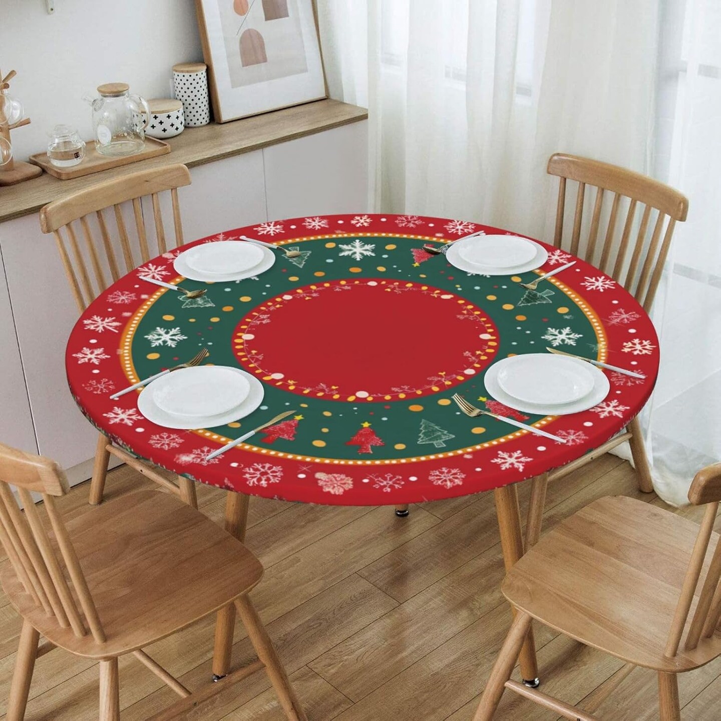 Christmas Tree Snowflake Round Fitted Tablecloth with Elastic Edged Decorative Kitchen Dining Table Cloth Cover Fits 40-44&#x22; Round Table