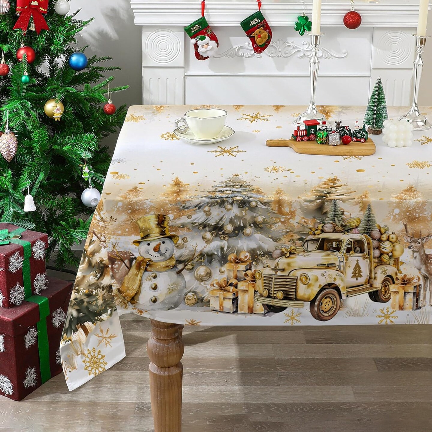 Christmas Tablecloth 60x84 Inches for Rectangle Tables - Truck and Snowman Christmas Decor - Water Resistant Gold Snowflake Xmas Table Cloth, Chrismtas Party Decorations for Kitchen, Home