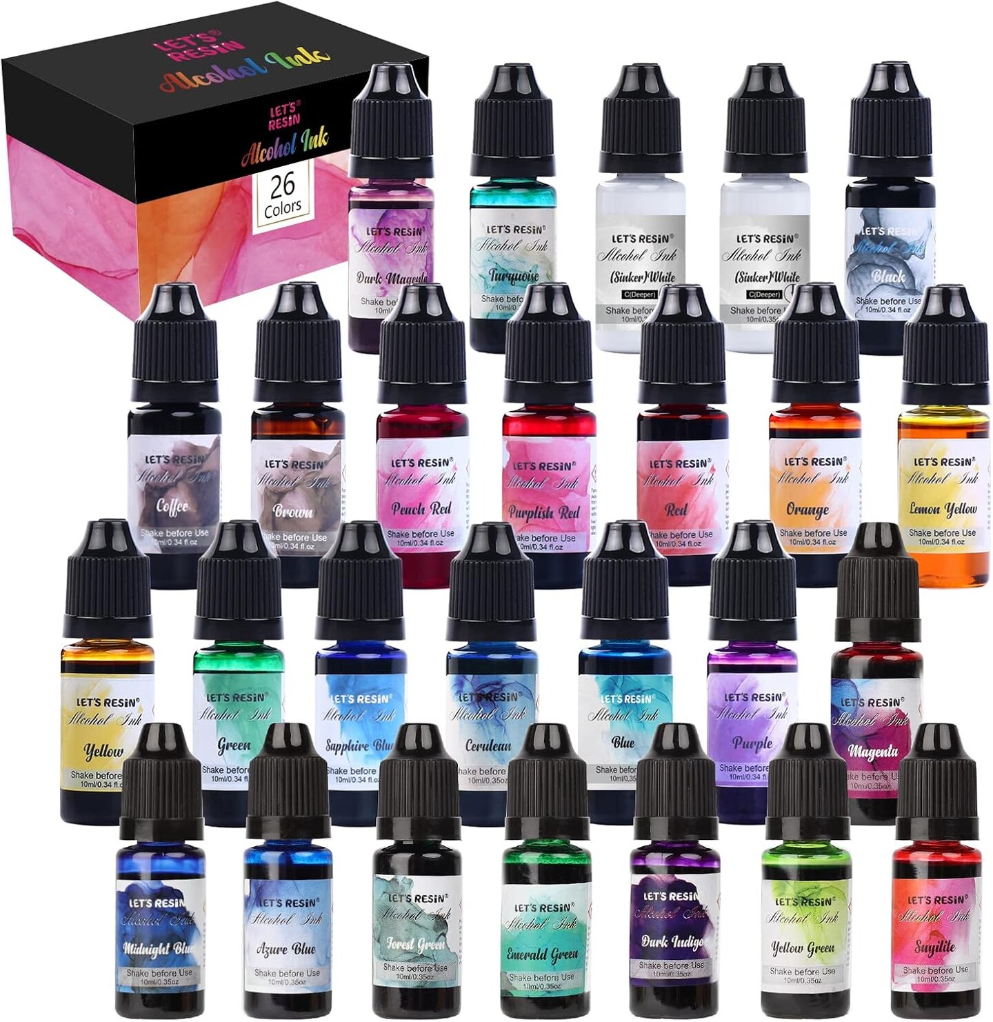 Alcohol Ink for Epoxy Resin LET&#x27;S RESIN Concentrated Alcohol Ink Set, 26 Vibrant Colors Alcohol-Based Resin Ink,Alcohol Paint Resin Dye for Resin Art, Tumblers, Resin Epoxy(Each 0.35oz)
