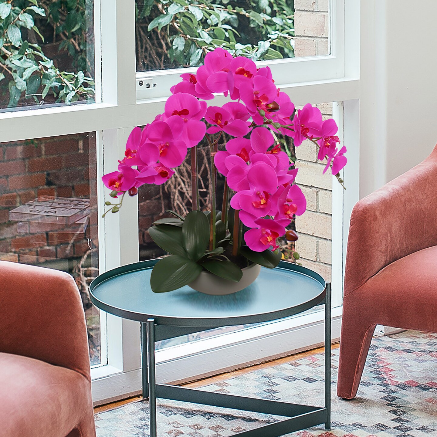 20&#x22; Fuchsia Phalaenopsis Orchid in Round Grey Pot &#x2013; Beautiful Artificial Flowers with Natural Leaf Details, Elegant Decor for Homes, Offices, and Special Occasions