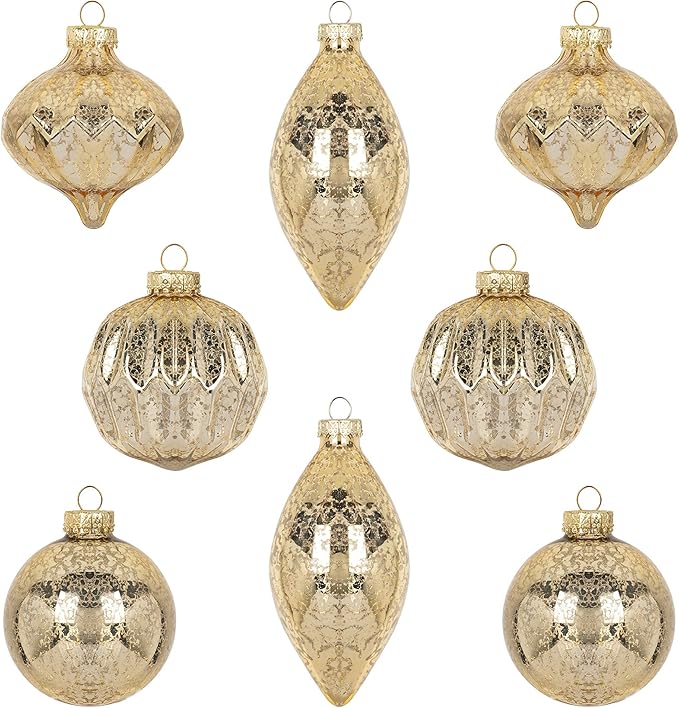 Set of 8 Champagne Gold Hanging Christmas Balls Finials for Christmas Tree Decoration Holiday D&#xE9;cor