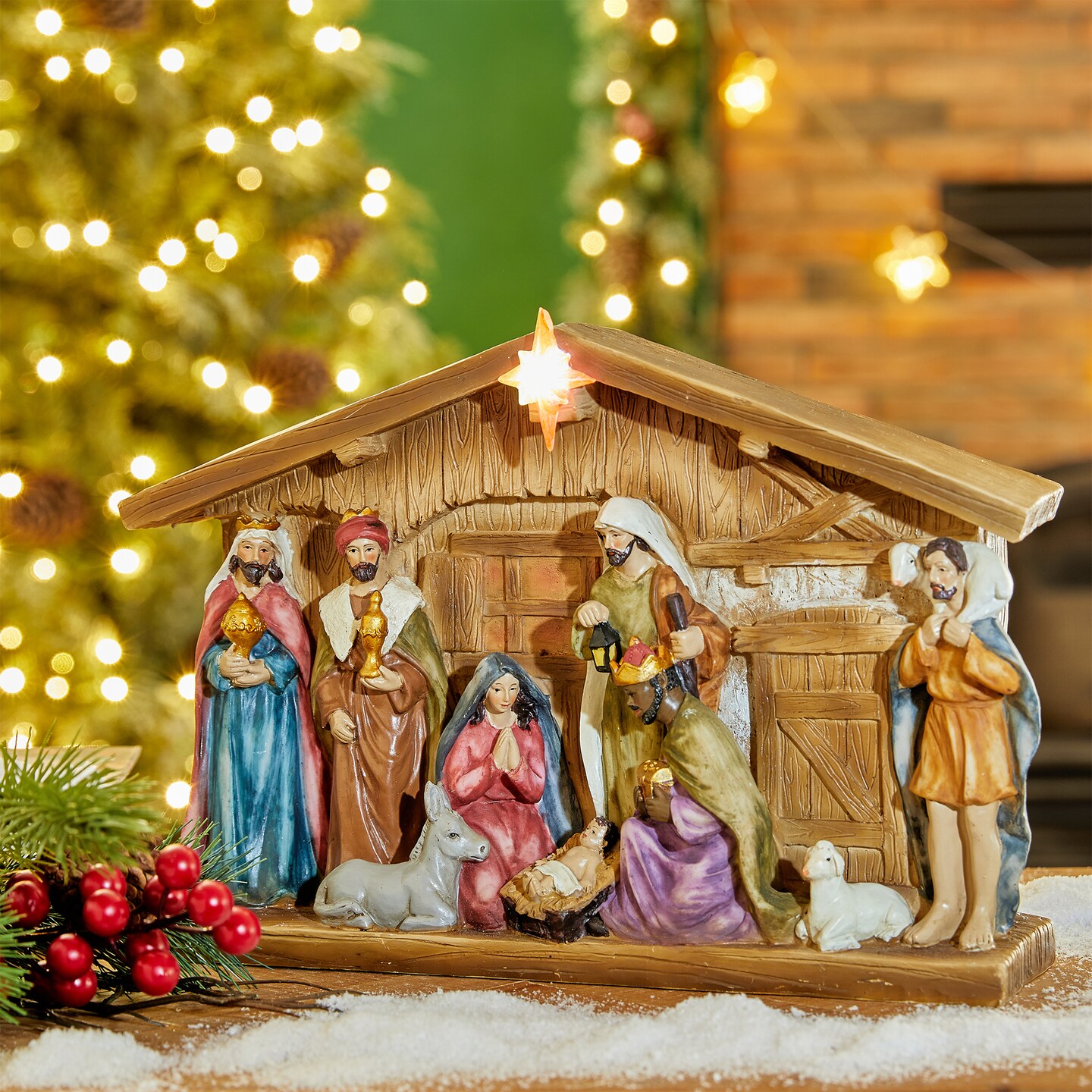 Set of 2 12.5&#x22;L Lighted Resin Nativity House