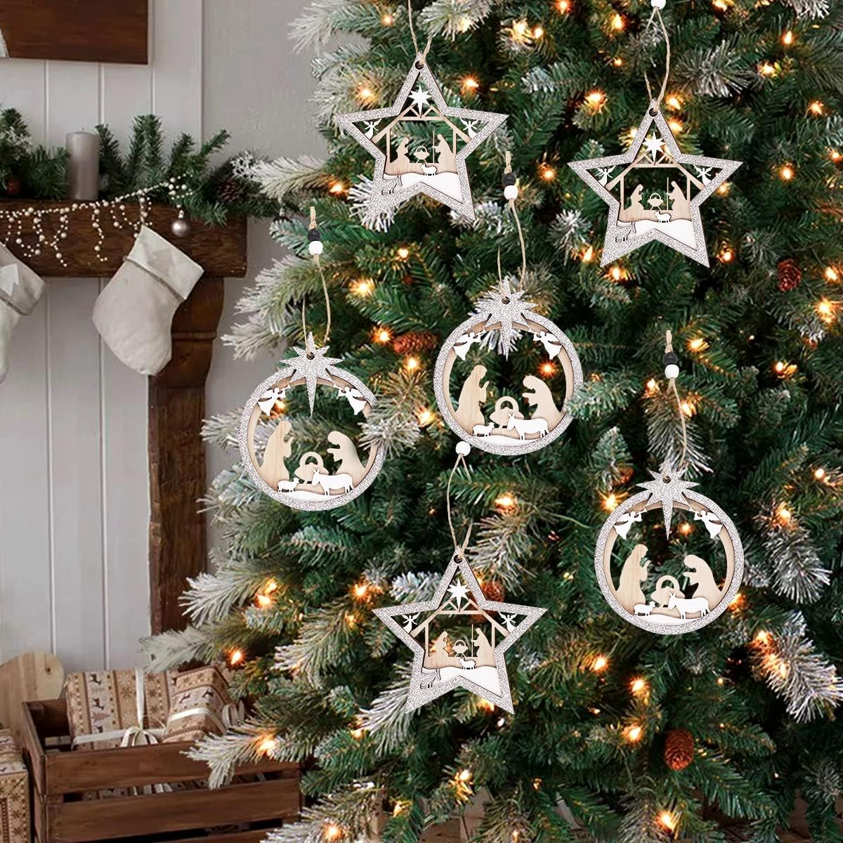 Christmas Decorations Indoor Nativity Scene Ornaments, 6 Set Wooden Christian Tree Ornaments, 3-Layer Sliver White Carved Wood The Birth of Jesus Decorations, Religious Xmas Decor for Home