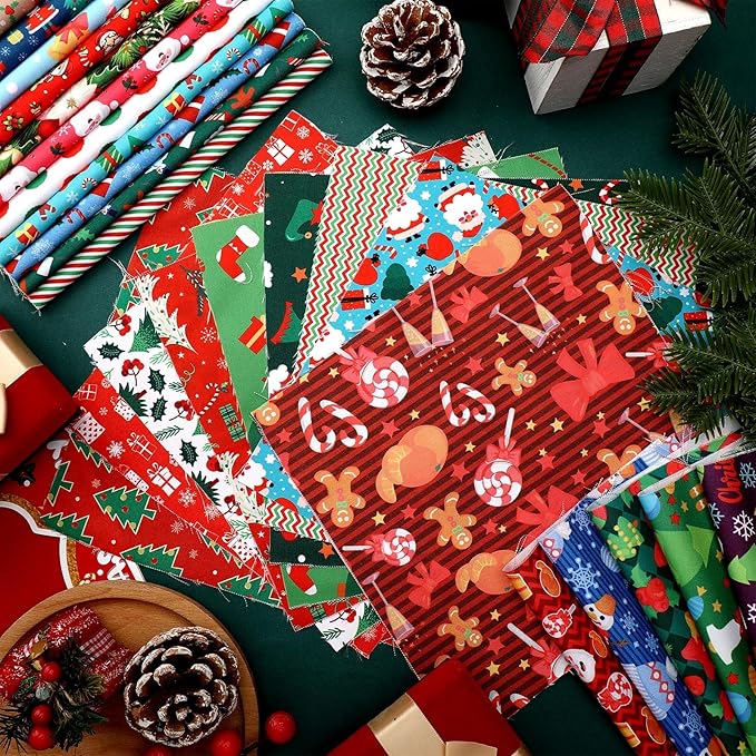 100 Pcs 8 x 8 Inches Christmas Fabric Bundles Fat Quarters Santa Claus Precut Fabric Bundle Squares Xmas Tree Snowman Printed Sewing Patchwork Fabric Winter Fabric for Xmas DIY Crafts Quilting