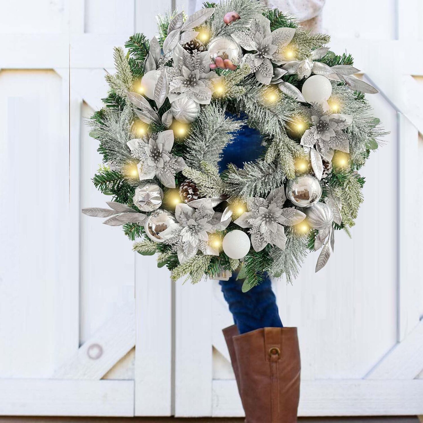 Pre-Lit 24 Inch Lighted Christmas Wreath for Front Door Decor with Silver White Christmas Ball Ornaments and Poinsettia Flowers,Battery Operated 30 LED Lights