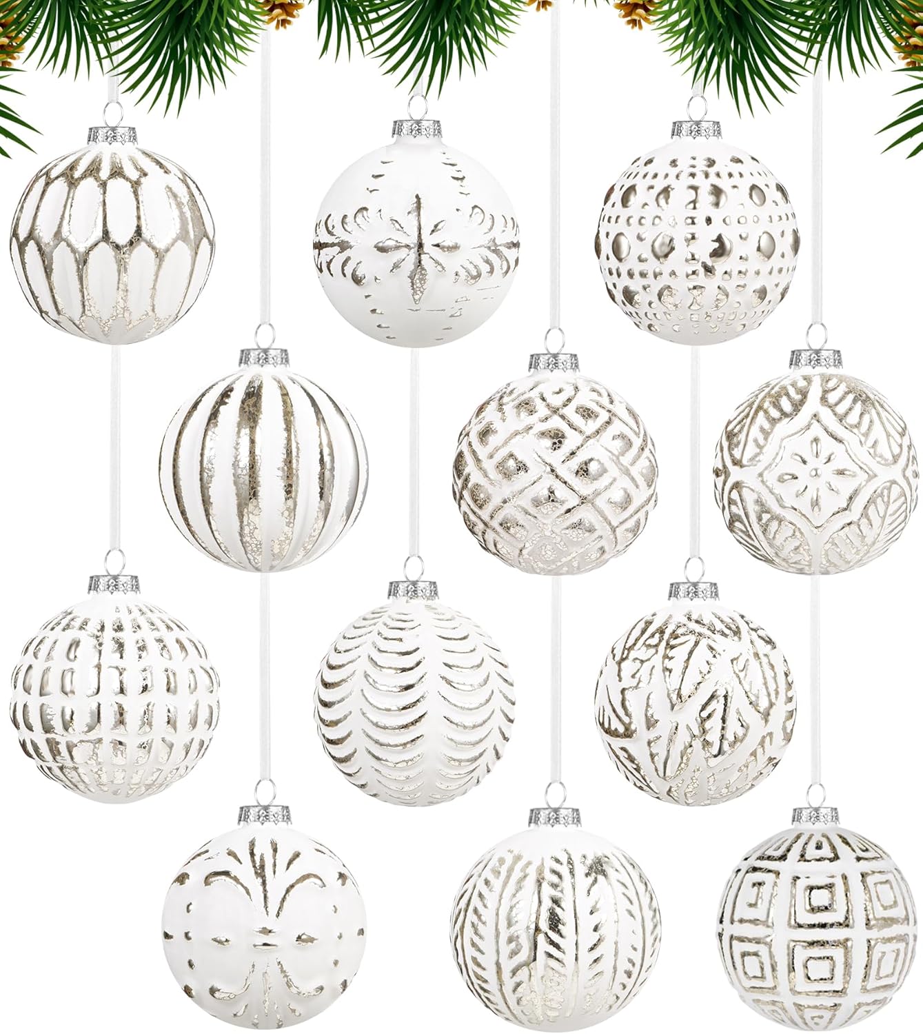 12PCS(3.15 Inch/80mm) Large Farmhouse Christmas Ball Ornaments,Mercury Glass Christmas Ornaments Hanging Balls,Distressed Metal Glass Ball for Christmas Trees,Vintage Style Christmas Ball (White)