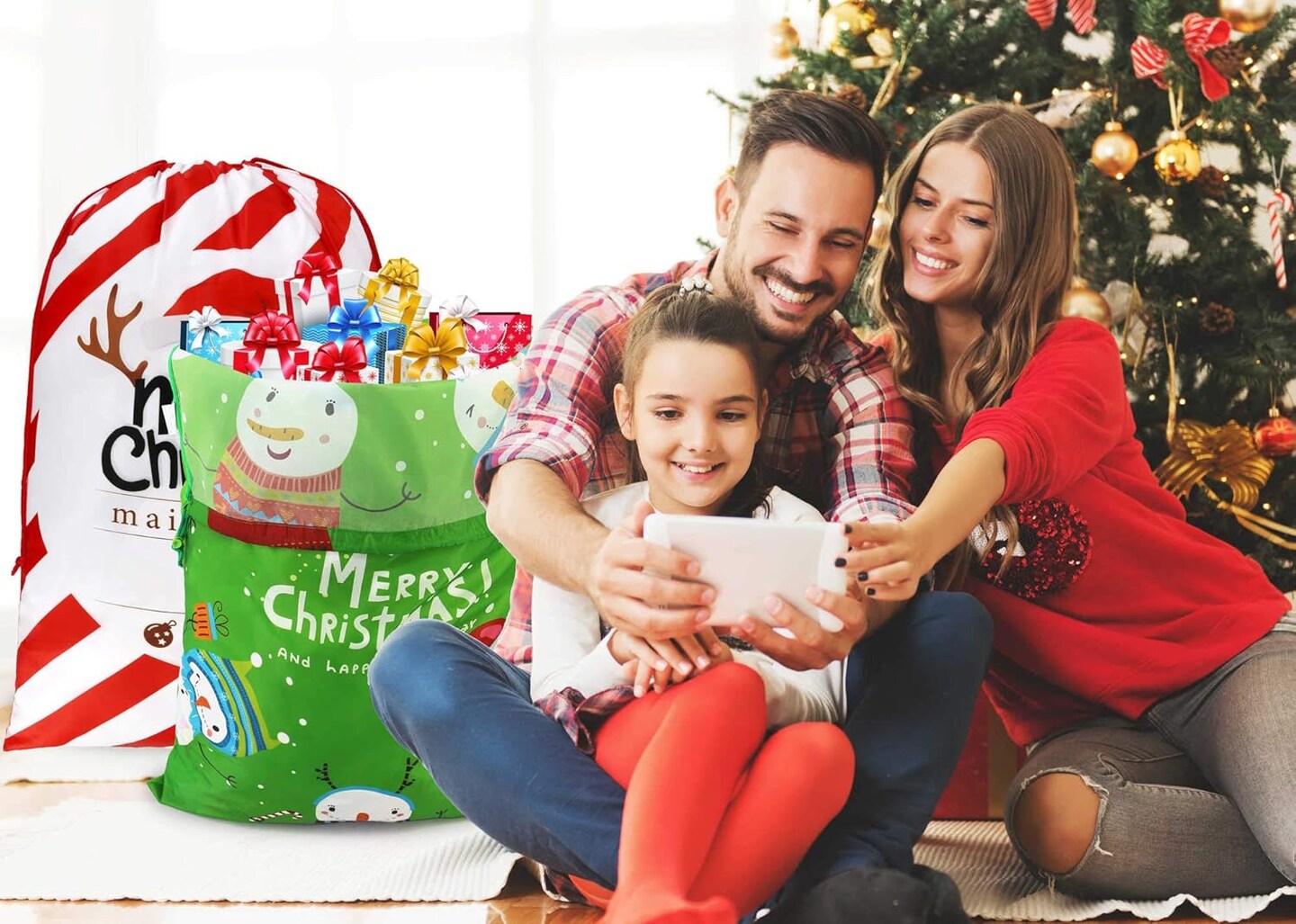 2 Pieces Gift Drawstring Christmas Bags Giant 27.6 x 42 Inch Santa Bags for Gifts Wrapping Xmas Bags for Kids Friends Family