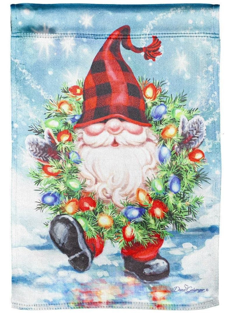 Gnome Christmas Wreath Garden Flag 2 Sided