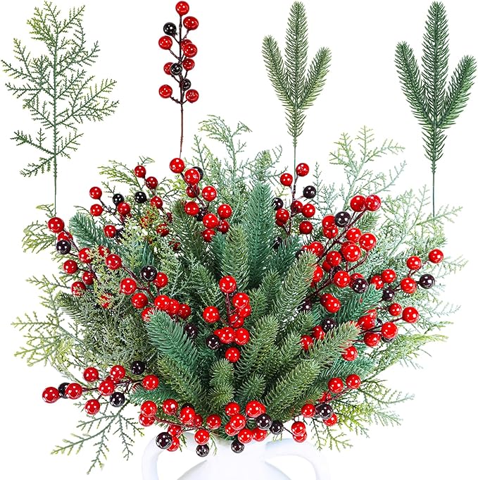Branches Red Berry Picks Fake Greenery Plants Pine Sprigs Christmas Tree Stems 8.1&#x22;-12&#x22; for Holiday Christmas Tree DIY Garland Centerpiece Floral Arrangement