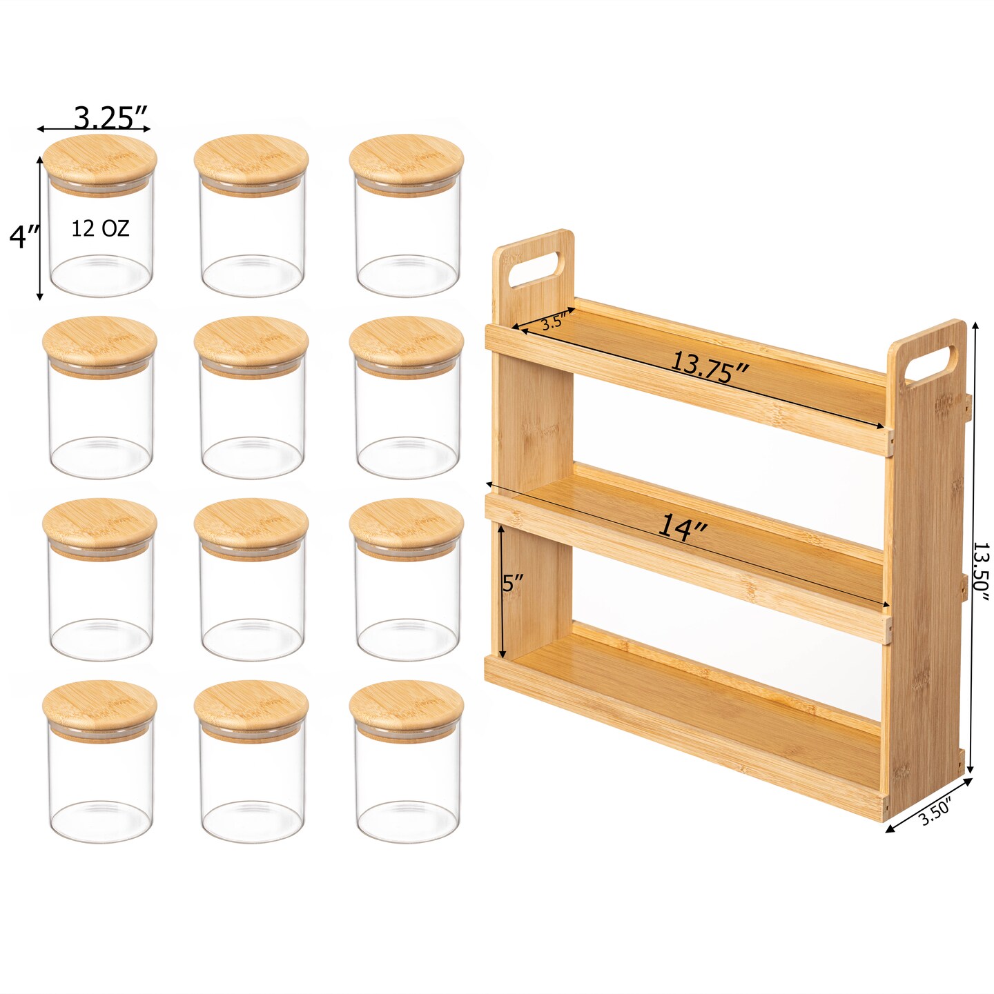 Basicwise Minimalist Two-Tier Bamboo Lazy Susan Turntable with 8 Pcs 12 oz Airtight Lid Glass Jars, Versatile Spice Rack Organizer, Perfect for Kitchen Countertops, Dining Tables, and Pantry Cabinets