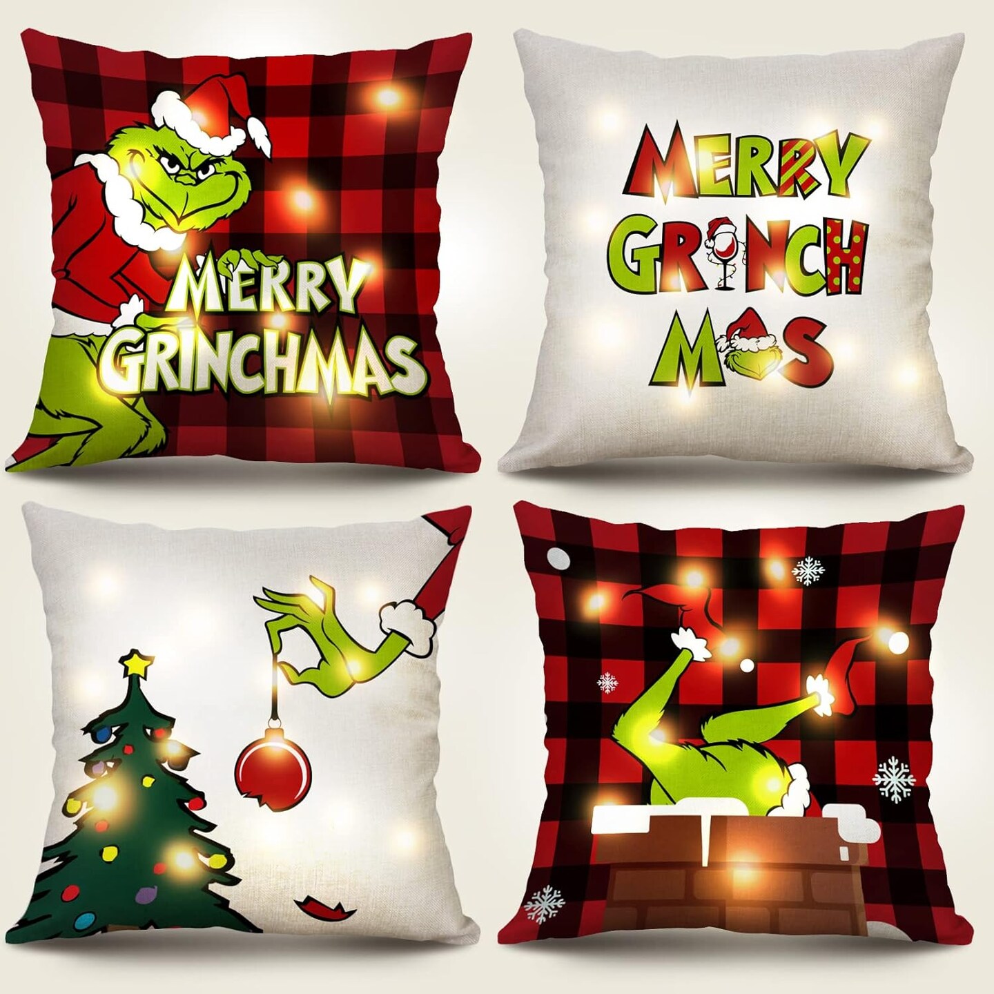 Christmas Pillow Covers with LED Lights 18x18 Inch Set of 4 for Christmas Decor, Light Up Buffalo Plaid Christmas Pillows, Merry Christmas Throw Pillow Covers Farmhouse Decor Cushion Cases
