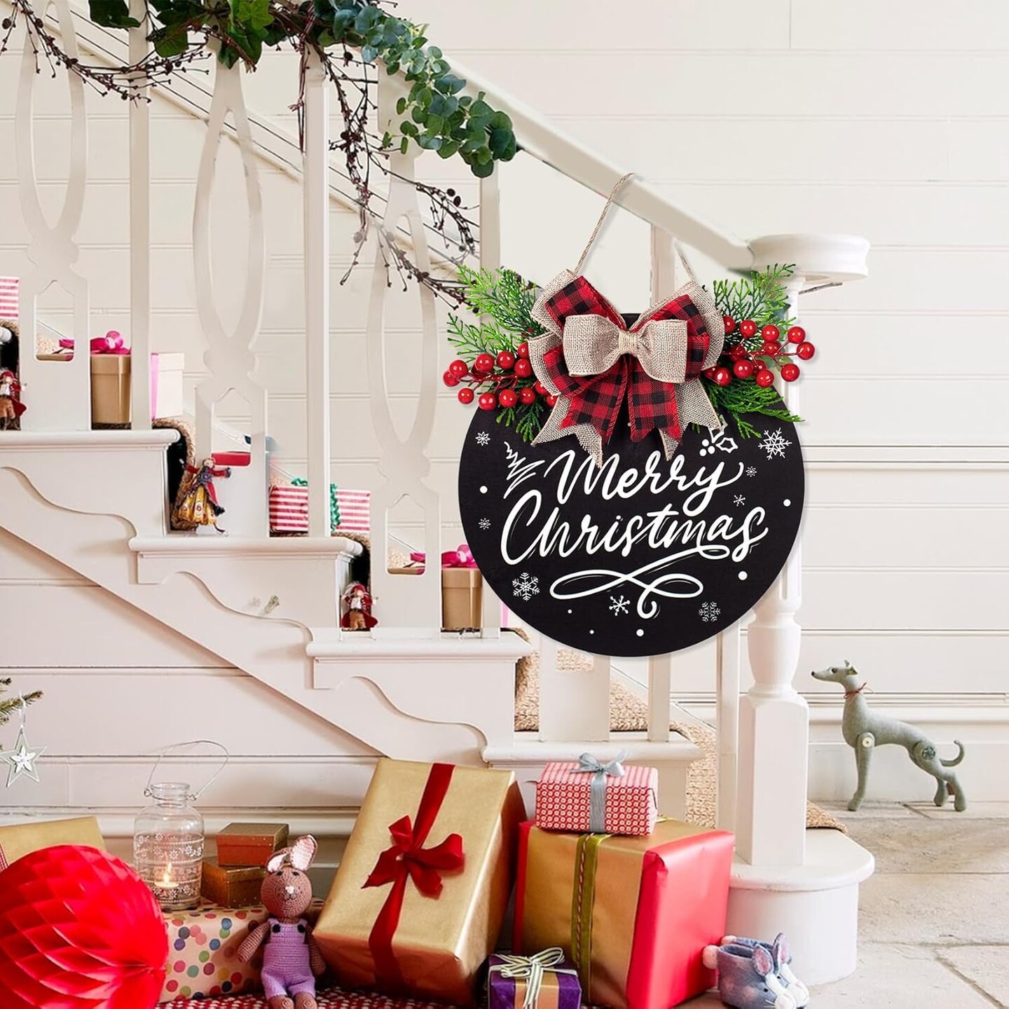 Merry Christmas Wreath Red Buffalo Plaid Xmas Welcome Door Hanger Sign For Front Door Decoration Winter Door Sign 12 Inch Welcome Wood