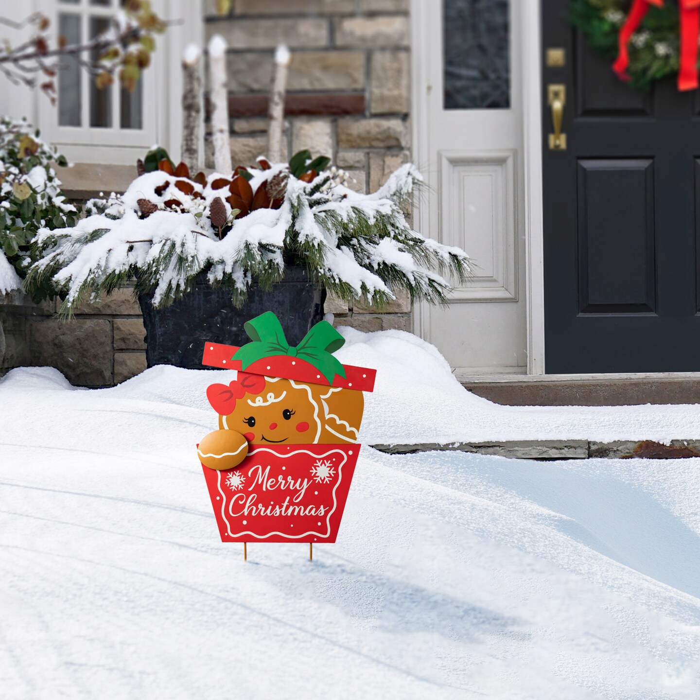 Set of 2 Metal Gingerbread Boy Girl Christmas Yard Stakes Hanging Wall Sign