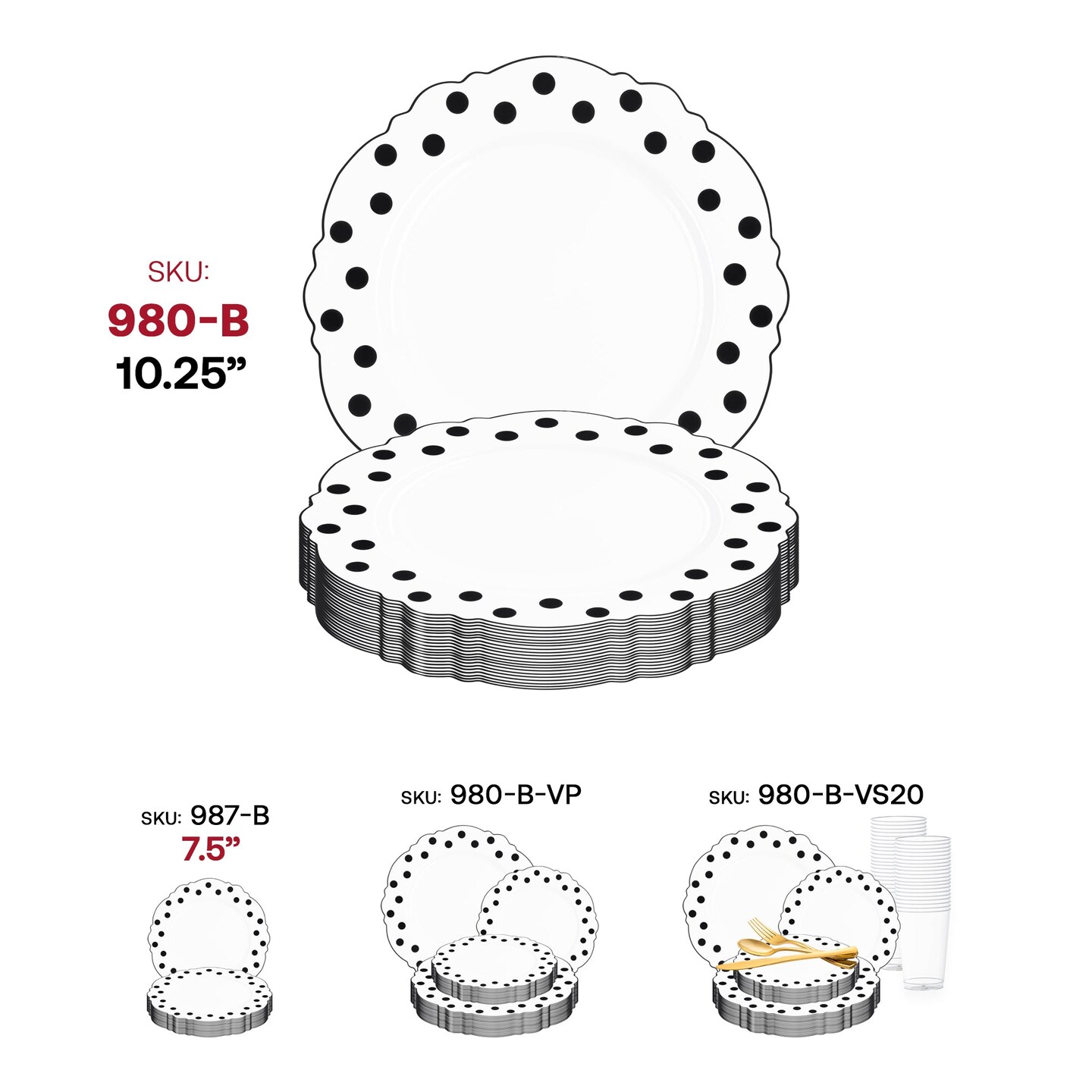 White with Black Dots Round Blossom Disposable Plastic Salad Plates - 7.5&#x22; (120 Plates)