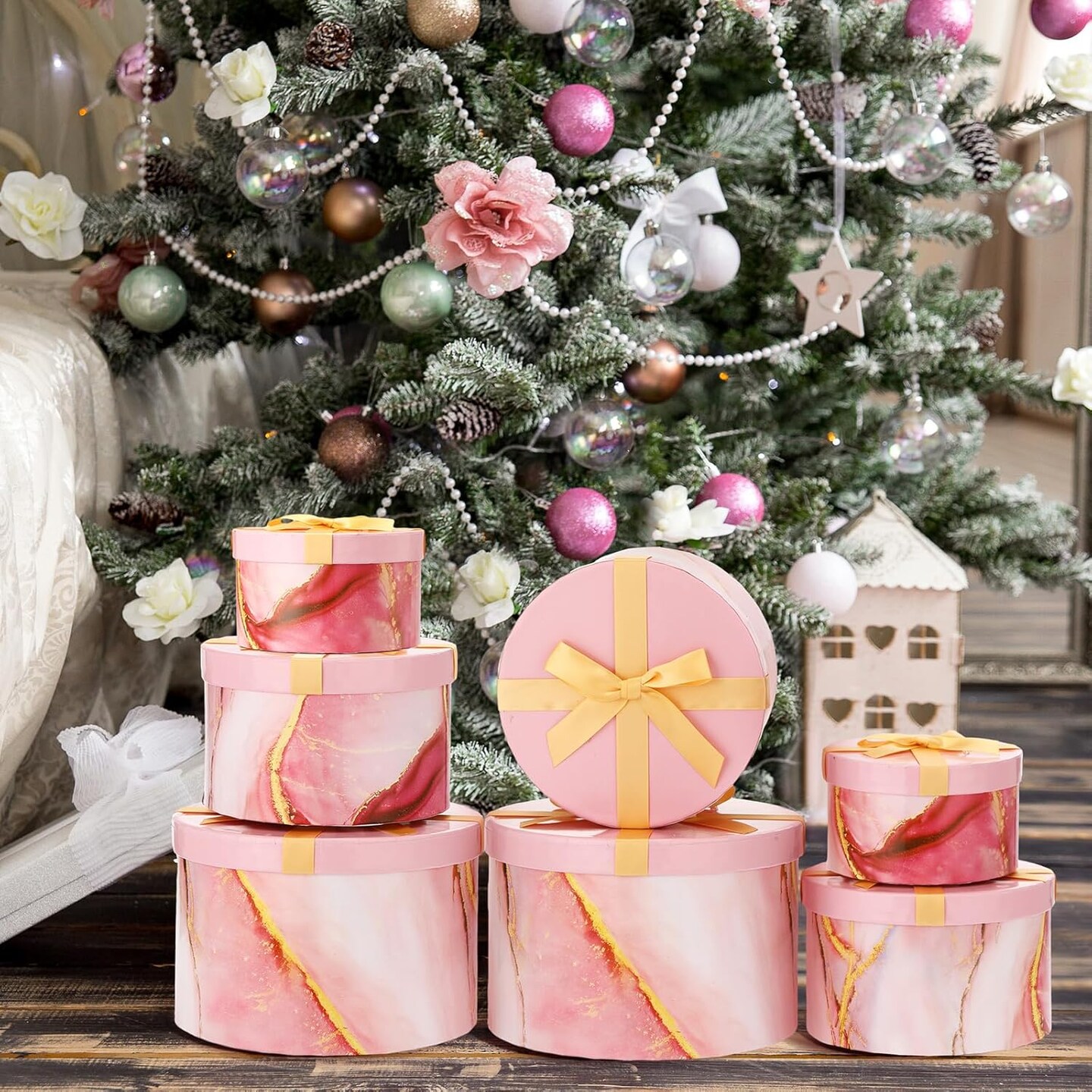 8 Set Round Nesting Gift Boxes with Lids Marble Floral Boxes 4 Assorted Sizes with Bow for Presents Birthday Bridesmaid Wedding Christmas Valentines Party Favor Boxes(Pink and White)