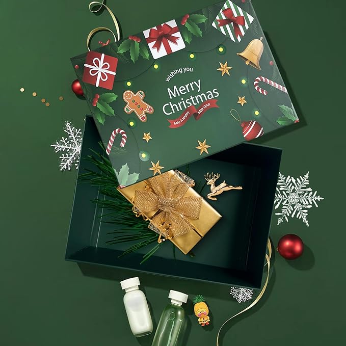 Green Christmas Gift Boxes with Lids, 10.63x8.27x4.13(270x210x105 mm) Large Empty Gift Boxes for Presents, Luxury Sturdy Foldable Cardboard Box for Gifts, Christmas Party Favor Supplies (Pack of 1)