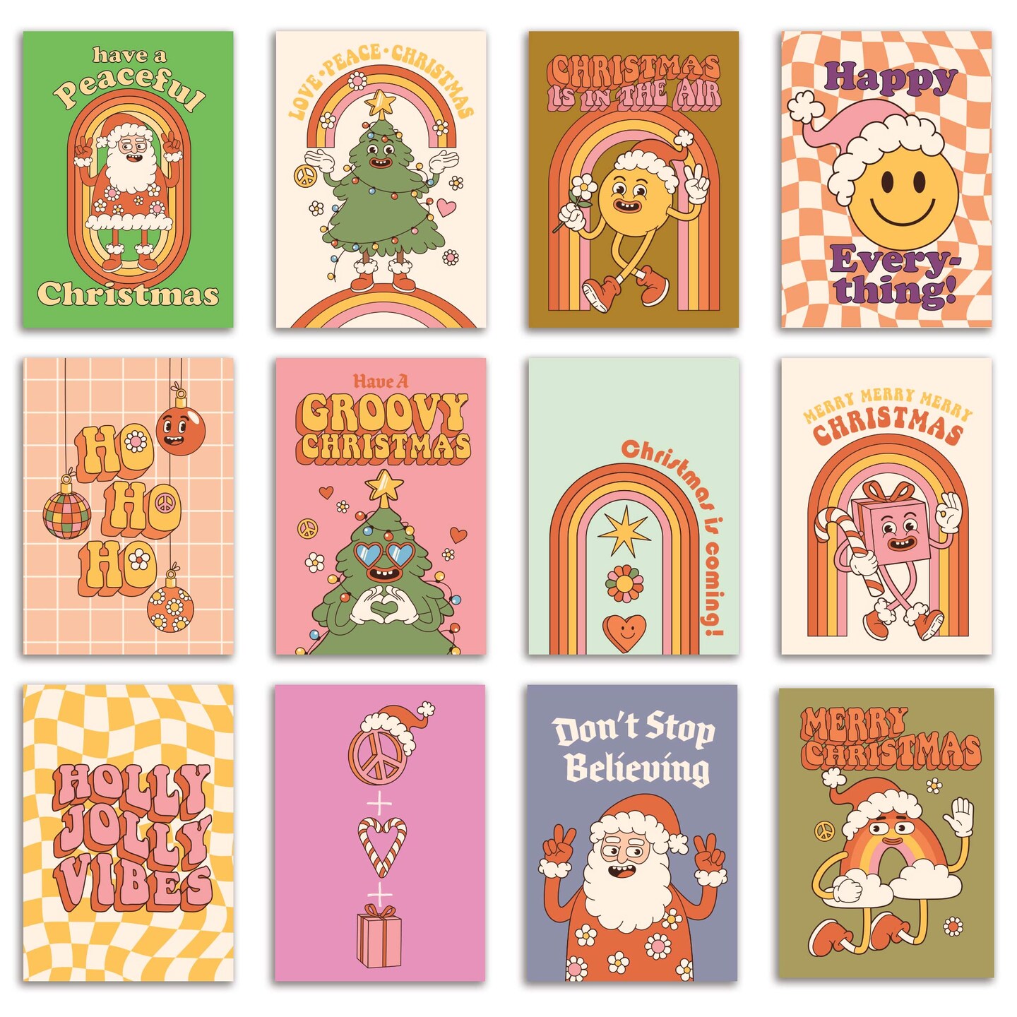 Boho Christmas Cards - 24-Pack of Kid-Friendly Holiday Greeting Cards with 12 Retro-Inspired Designs, Perfect for Sharing Merry Christmas & Happy Holiday Wishes, Blank Inside for Personalized Messages - Fun and Whimsical Festive Stationery Set