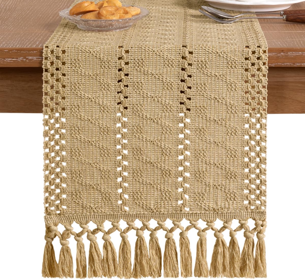 Fall Boho Table Runner Macrame 60 Inches Woven Cotton Linen Rustic Table Runner with Handmade Tassels for Home Decor Dining Fall Thanksgiving Christmas 12x60 inches Champagne