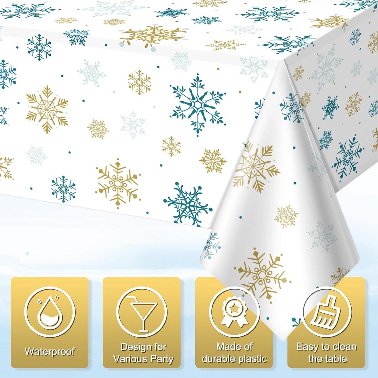 3Pcs Snowflake Plastic Tablecloth Christmas Snowflake Disposable Table Cloth White Blue and Gold Winter Wonderland Table Cover for Winter Holiday Christmas Birthday Party Decorations,54x108 Inch