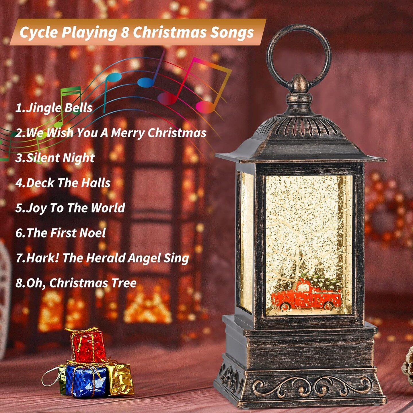 Christmas Snow Globe Red Truck Lantern, Glitter Lighted Christmas Decorations for Home with Music, Light Up Snowglobe Christmas Décor