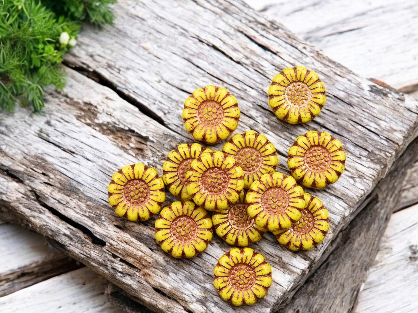 *12* 13mm Copper Washed Opaque Sunflower Yellow Sunflower Coin Beads