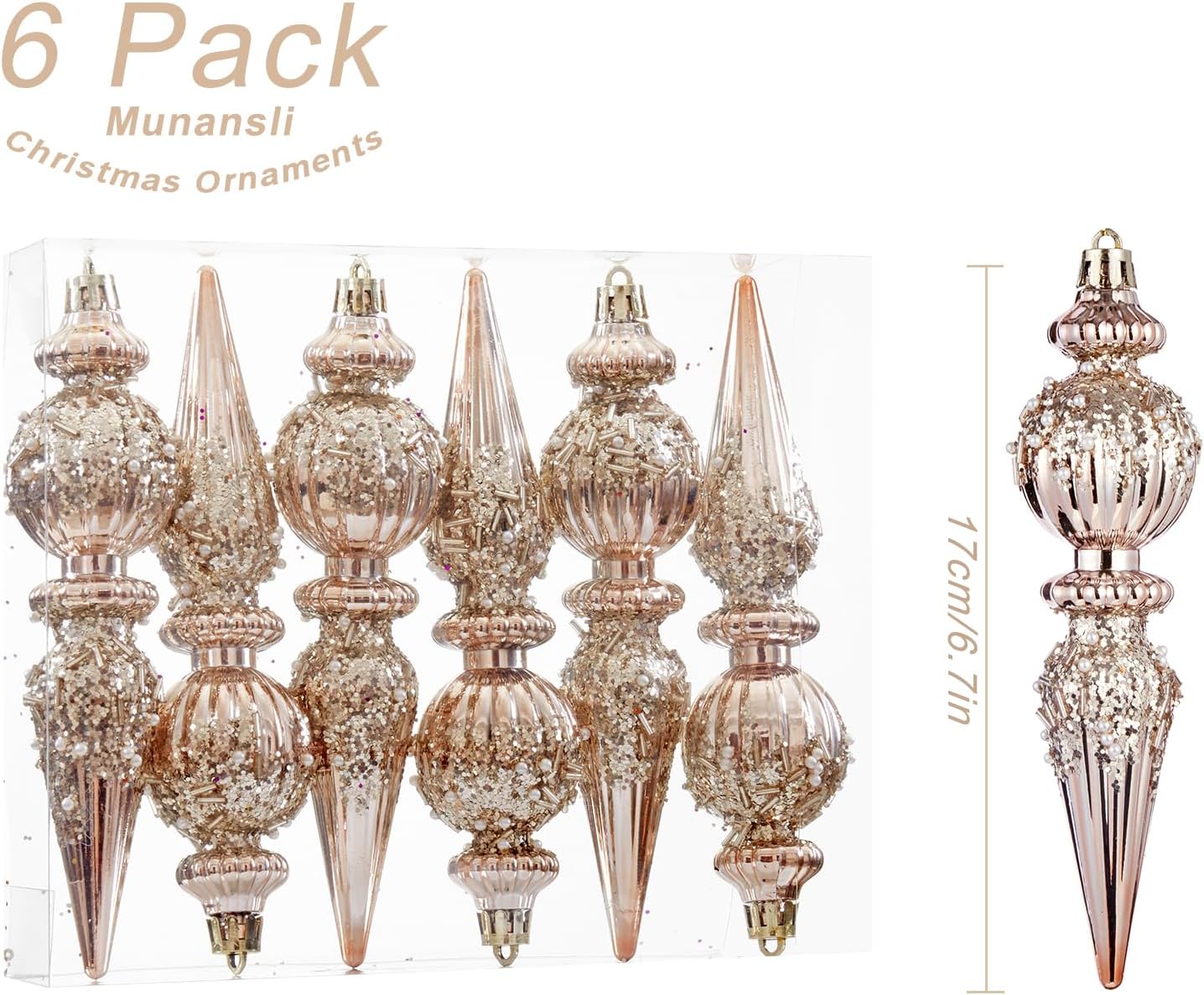 6 Pack Christmas Ornaments Set, Champagne Plastic Shatterproof Christmas Ball Hanging Ornaments for Xmas Tree Decorations(6.7Inch)